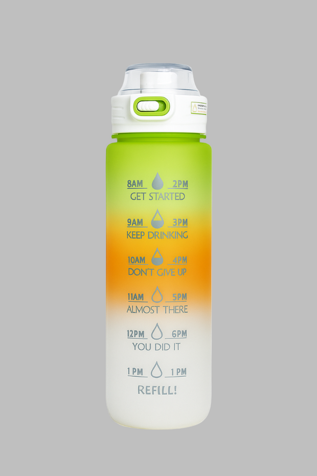 Gradient water bottle with motivational time markers on a white background